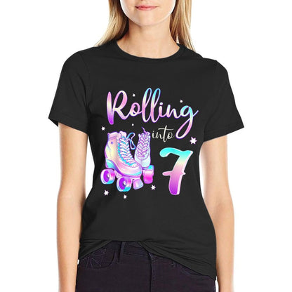 Kids 7 Years Old Birthday Girls Rolling Into 7th Bday Theme  Tagless Design T-Shirt