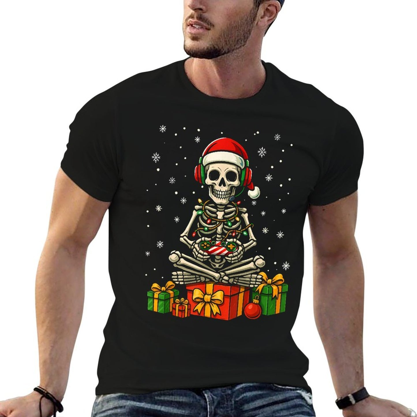 Funny Skeleton Game Controller Xmas Lights Men Women Kids PJ  Cotton T-Shirt