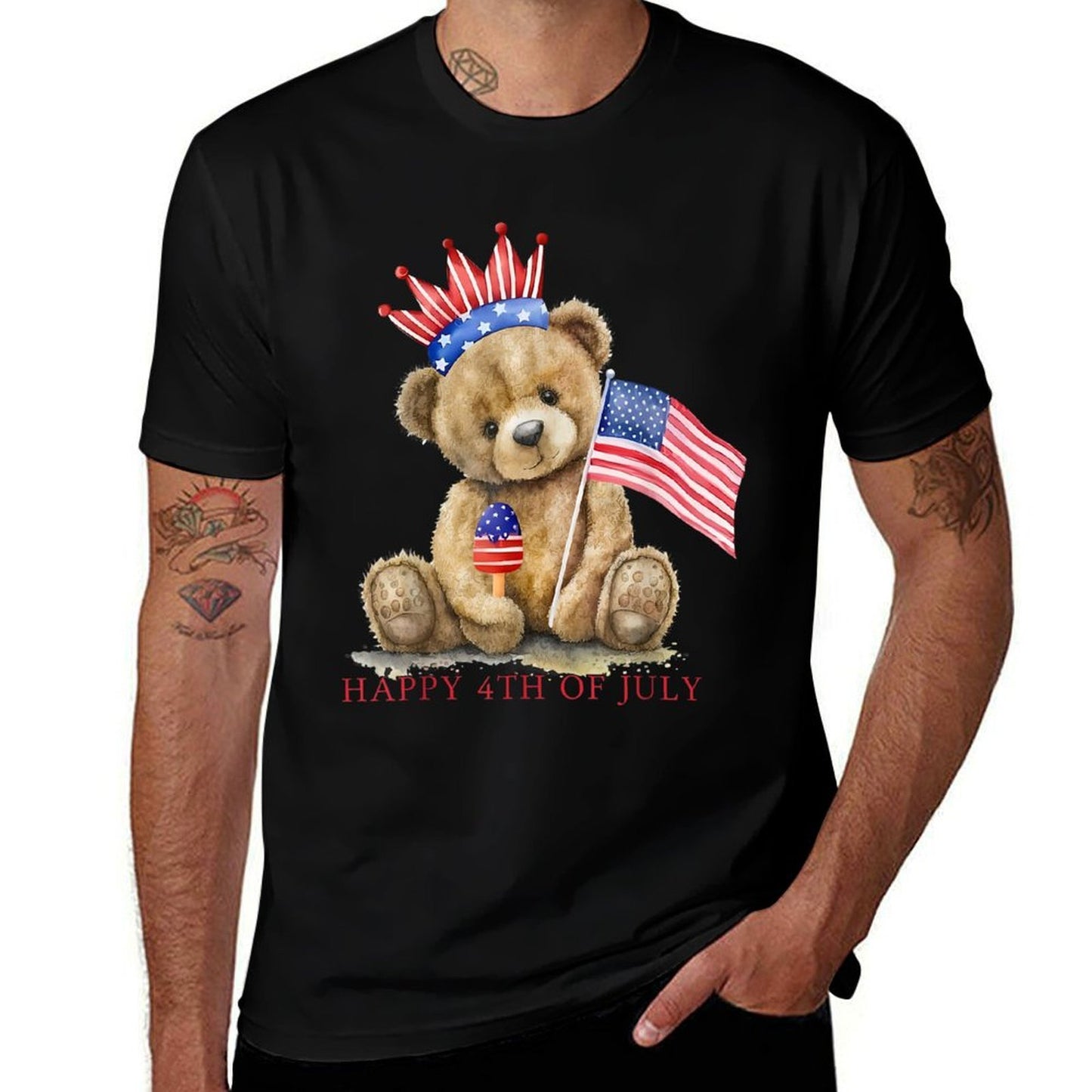 Happy 4th Of July Patriotic Cute Teddy Bear Women Girls Kids  Trendy Pattern T-Shirt