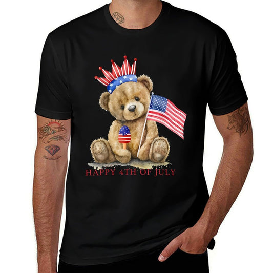 Happy 4th Of July Patriotic Cute Teddy Bear Women Girls Kids  Trendy Pattern T-Shirt