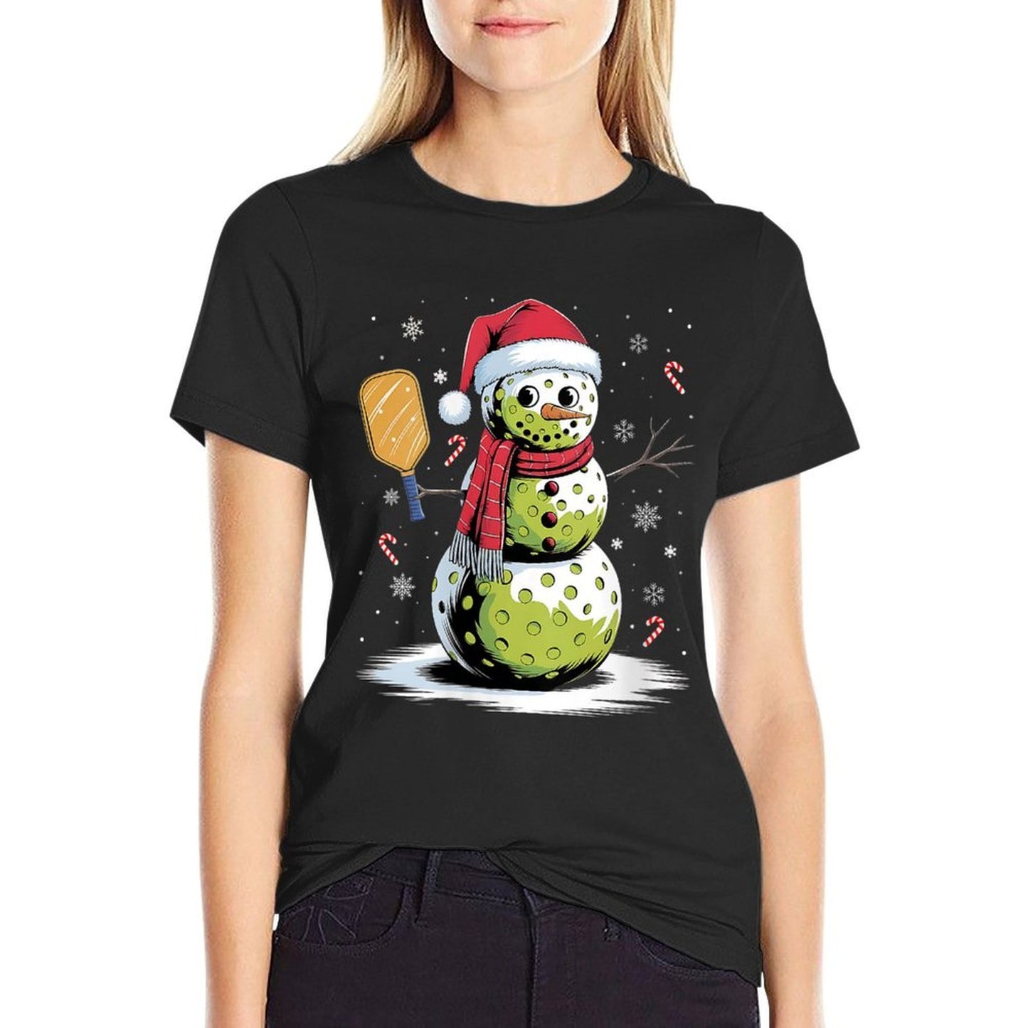 Womens Funny Pickleball Snowman Santa Hat Xmas Cool Christmas Lover  Soft T-Shirt
