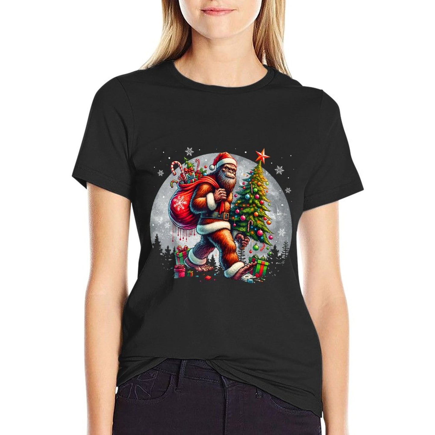 Santa Bigfoot Christmas Tree Xmas Lights Funny Sasquatch  Tagless Design T-Shirt