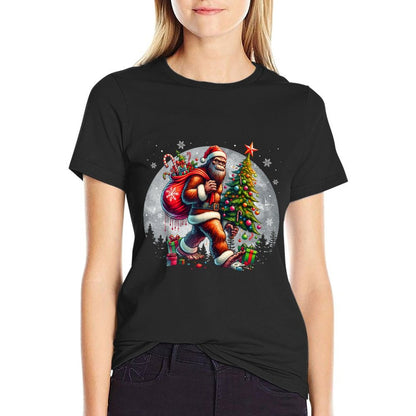 Santa Bigfoot Christmas Tree Xmas Lights Funny Sasquatch  Tagless Design T-Shirt