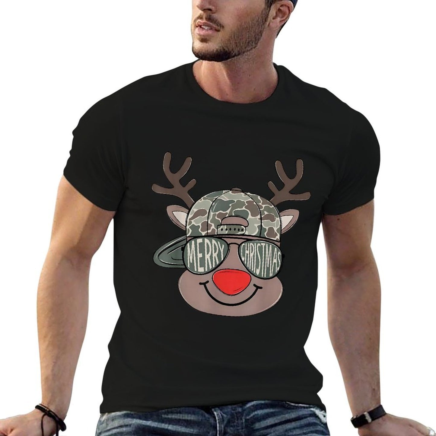Reindeer Rudolph Merry Christmas Xmas Holiday Boys Camo  Polyester Blend T-Shirt