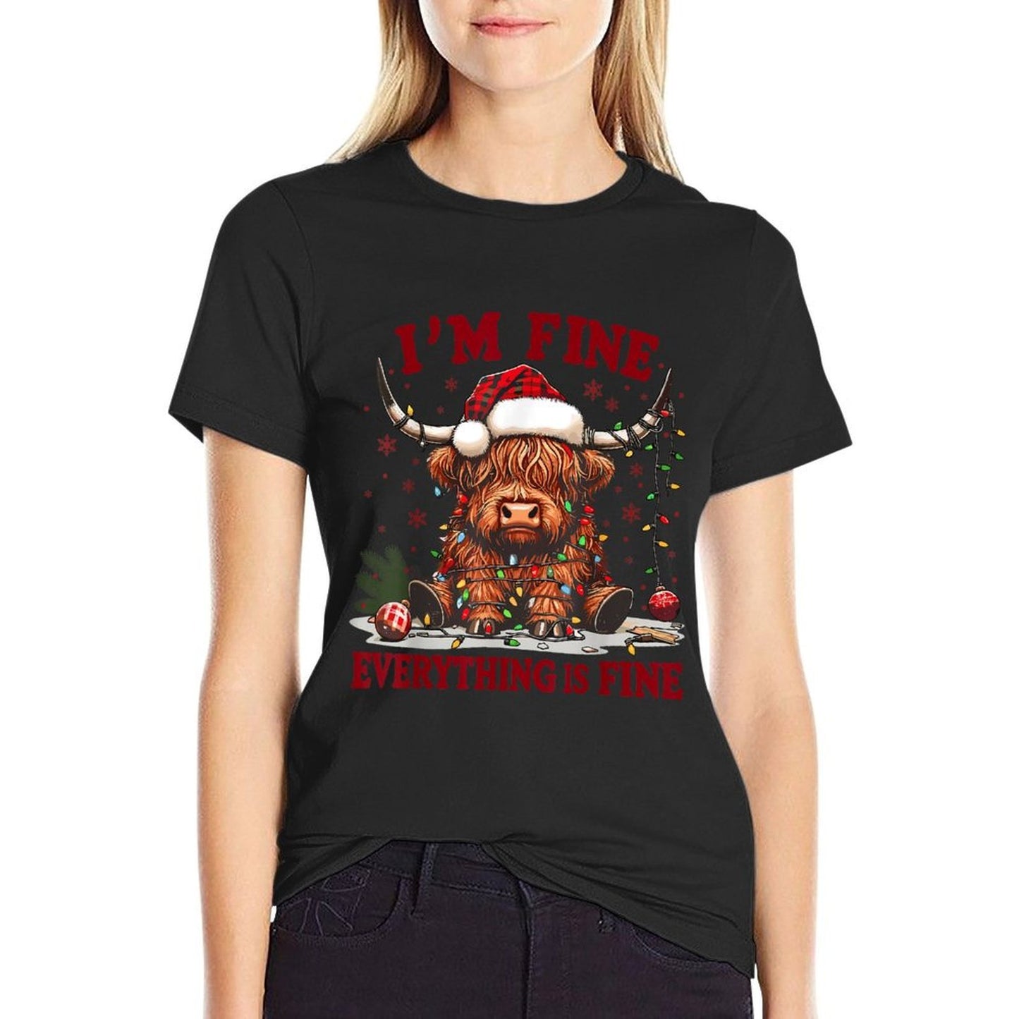 Im Fine Everything Is Fine Funny Christmas Highland Cow  Rolled Sleeves T-Shirt