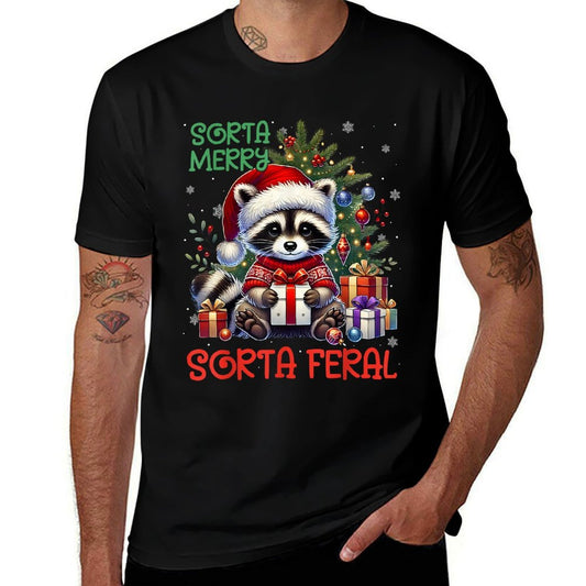Christmas Tree Cute Raccoon Xmas Feral Girl Kids  Cotton T-Shirt