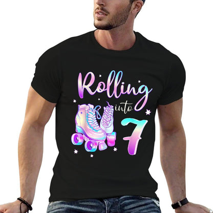 Kids 7 Years Old Birthday Girls Rolling Into 7th Bday Theme  Tagless Design T-Shirt