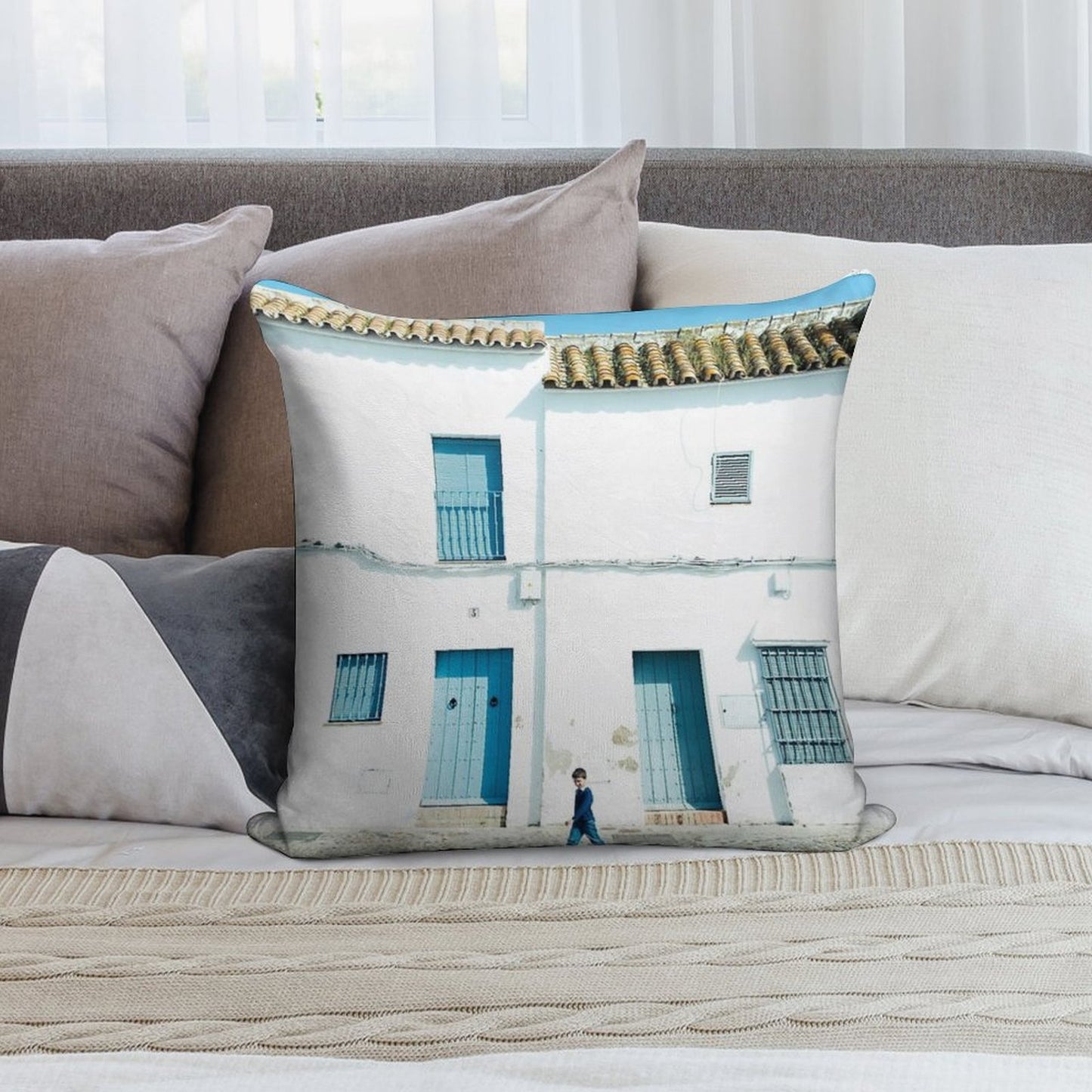 White And Blue Town Soft Washable Throw Pillow