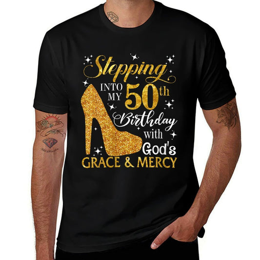 Womens Stepping Into My 50th Birthday with God's Grace & Mercy  Summer-ready Fabric T-Shirt