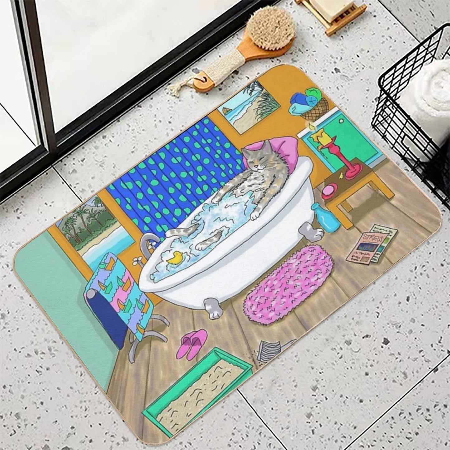 Funny Cat in Bath Cat 665  Easy Maintenance Bath Mat