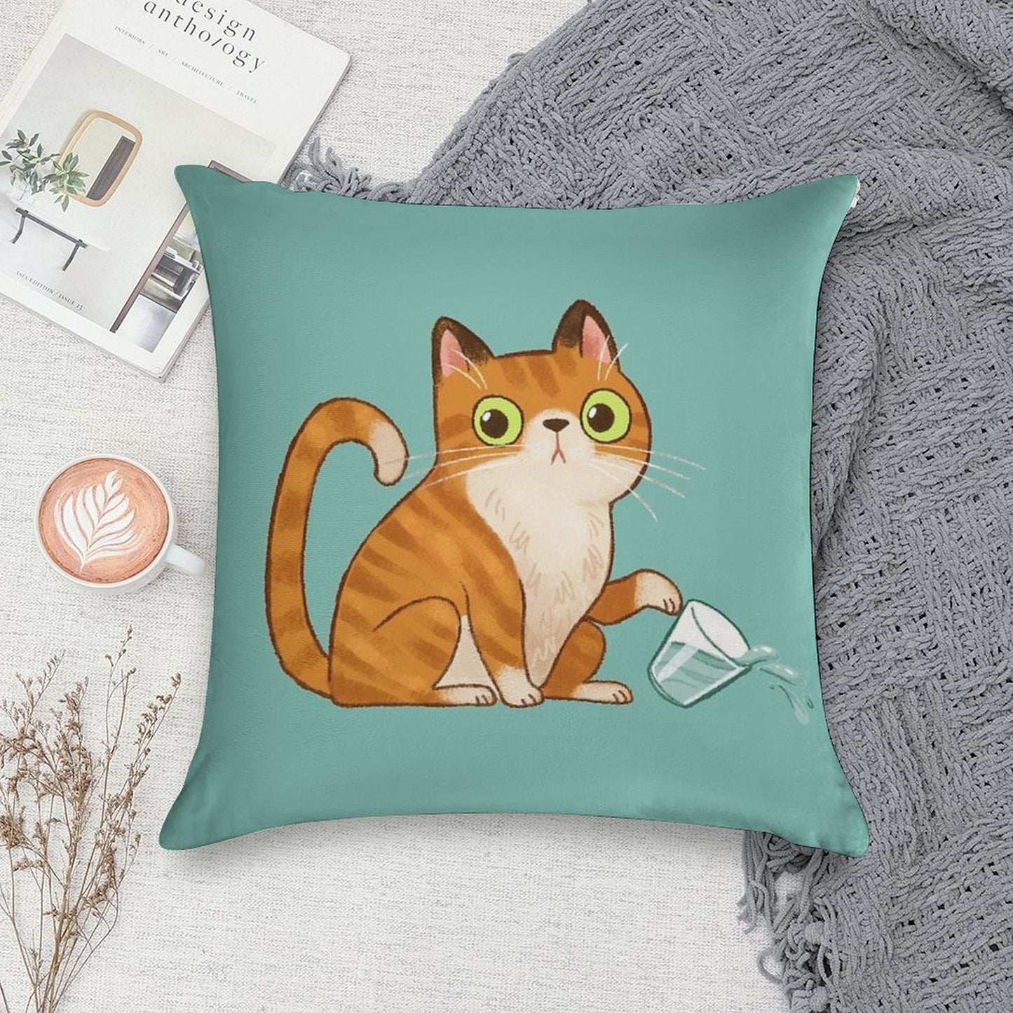 Cat Tipping Glass Soft Skin-Friendly Throw Pillow
