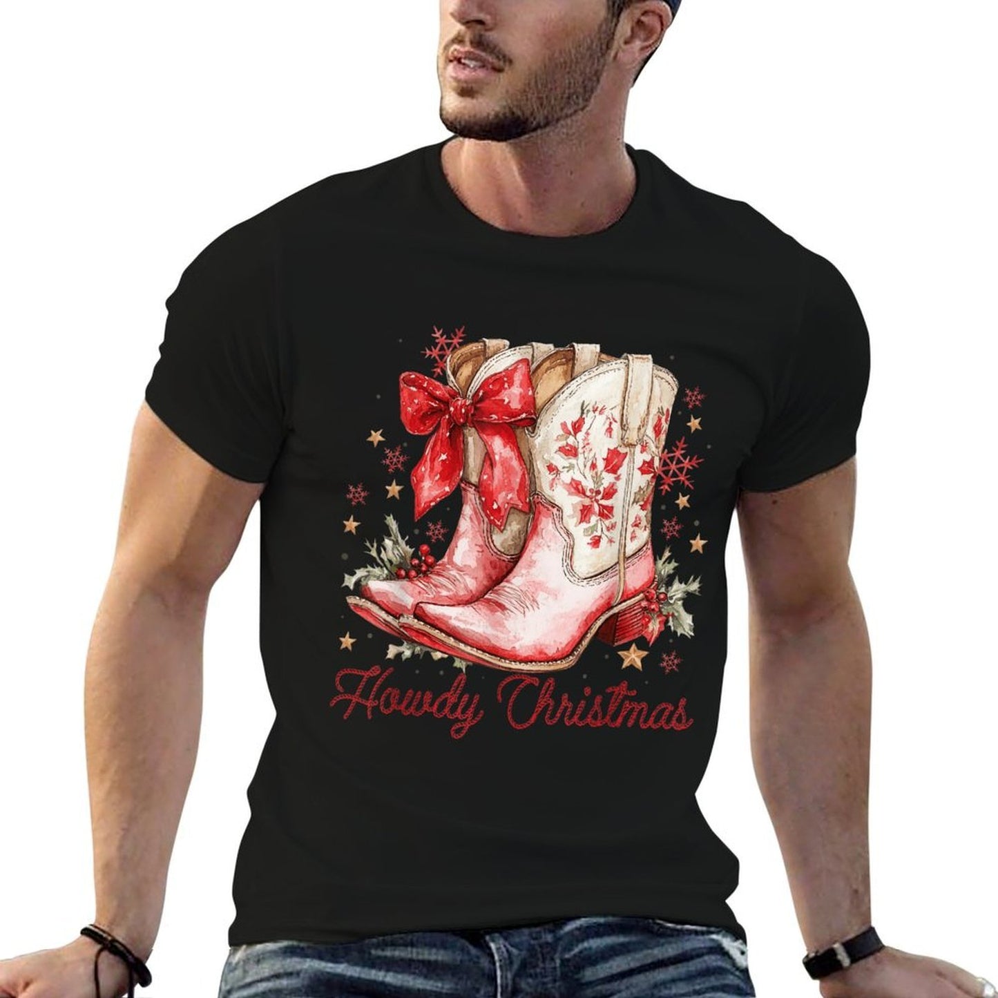 Western Howdy Christmas Cowgirl Boot Coquette Bow Christmas  Durable T-Shirt