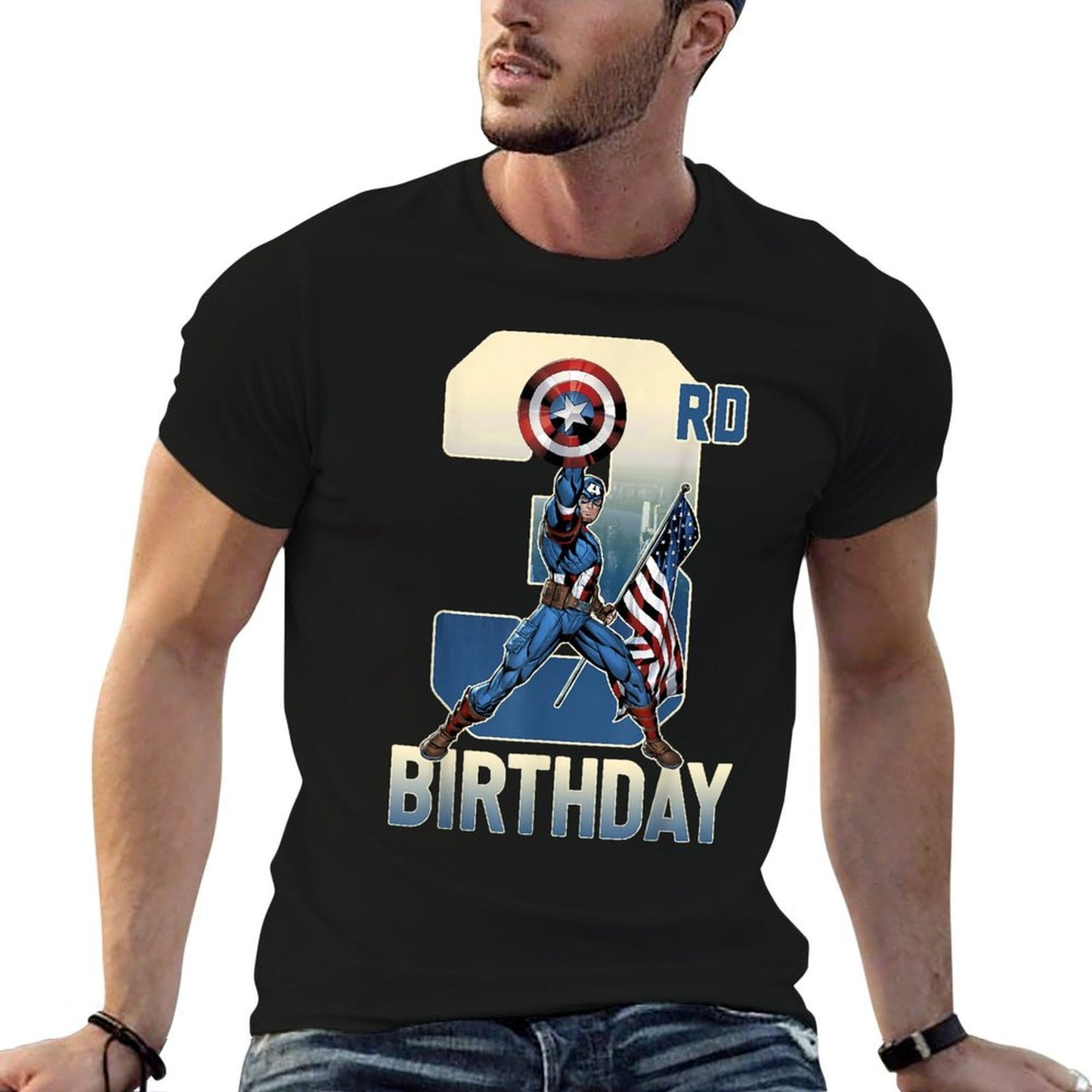 Marvel Captain America 3rd Birthday Graphic  Ribbed Collar T-Shirt