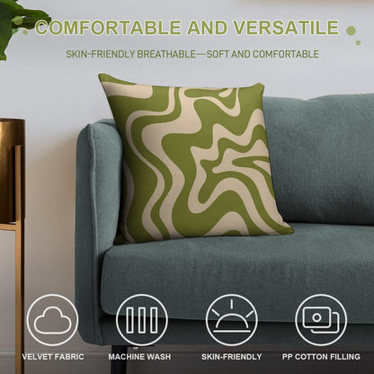 Retro Liquid Swirl Abstract Pattern in Mid Mod Beige And Olive Green Soft Home Decor Throw Pillow