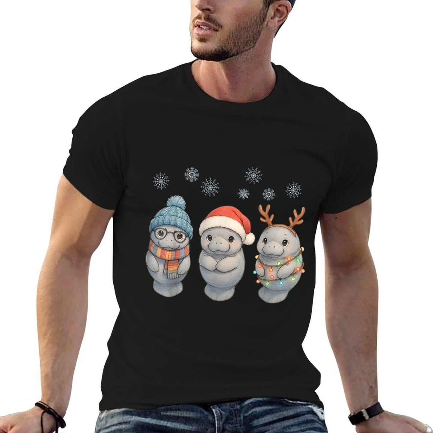 Cute Baby Manatee Christmas Manatee Santa Reindeer Lights  Versatile T-Shirt