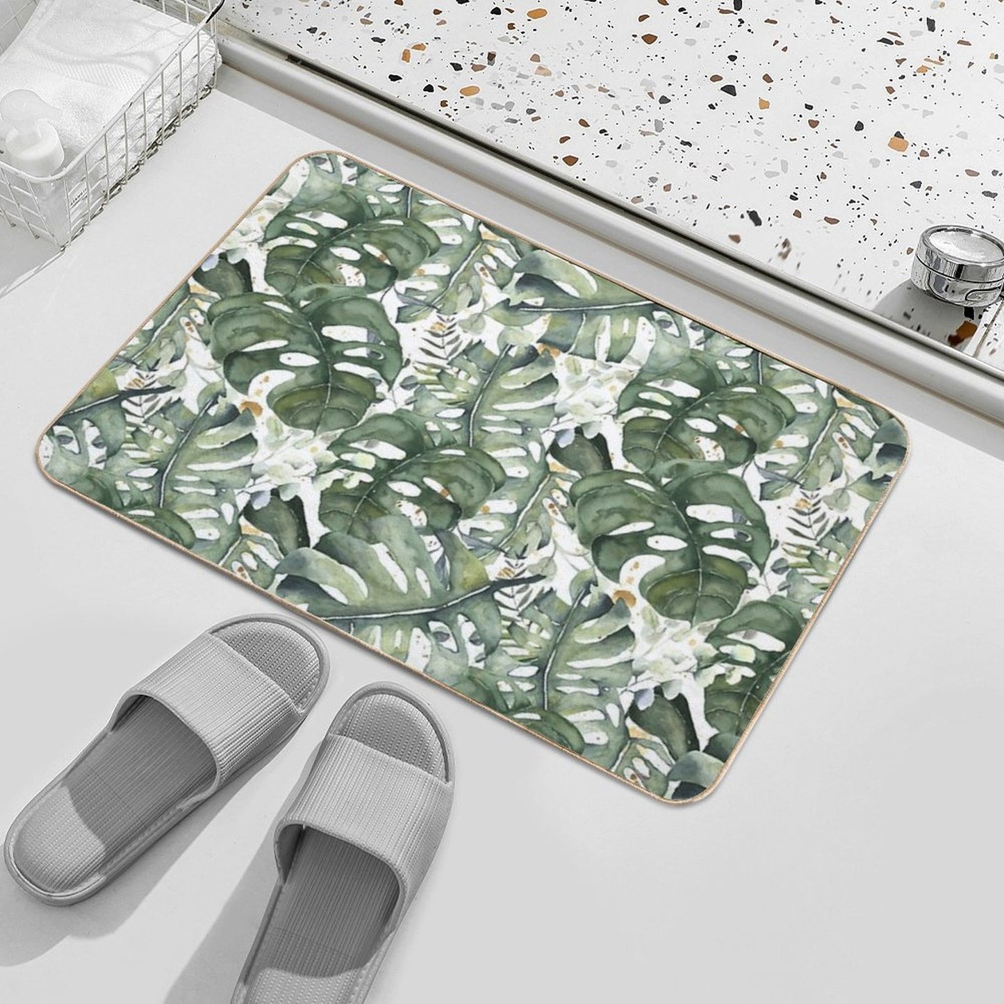 Watercercolor Monstera And Eucalyptus Botanical Garden Pattern Nightgarden  Repositionable Bath Mat