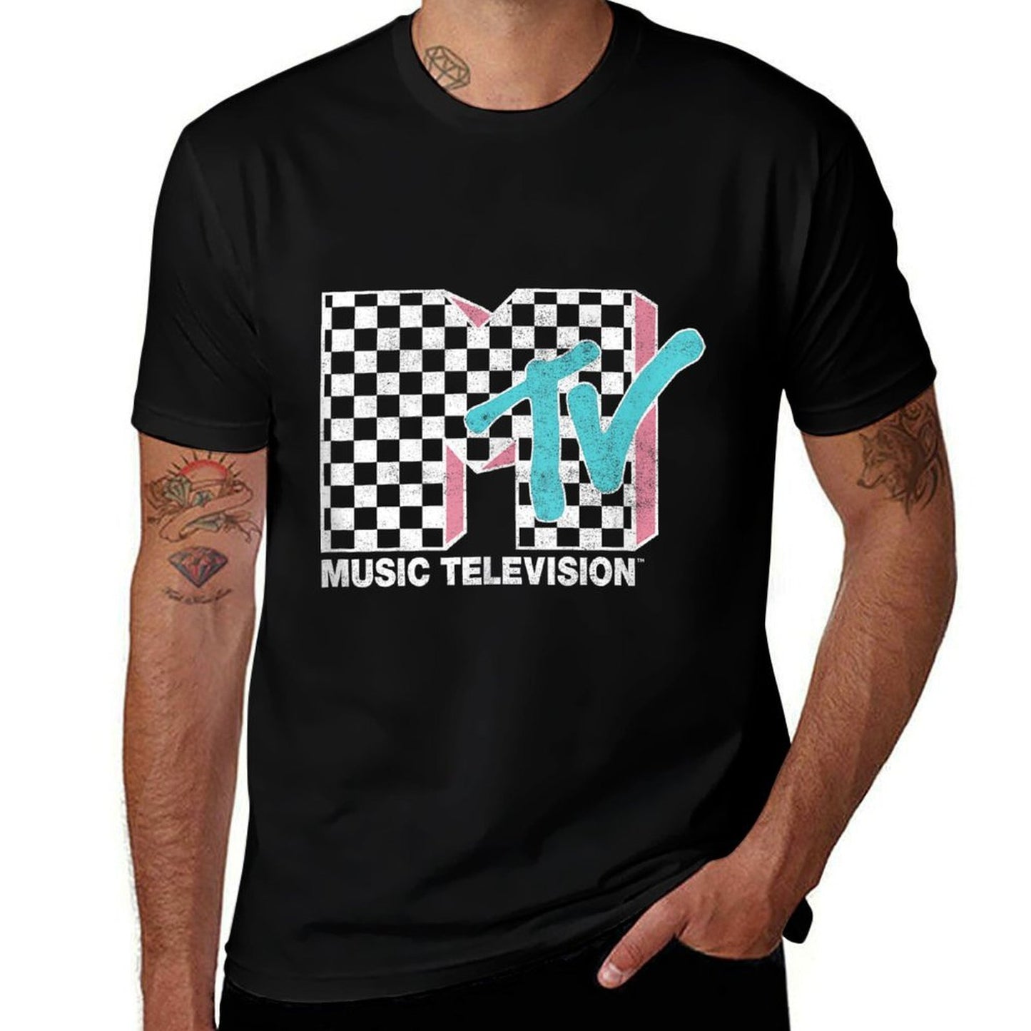 MTV Neon Distressed Checkered Logo Comfortable T-Shirt