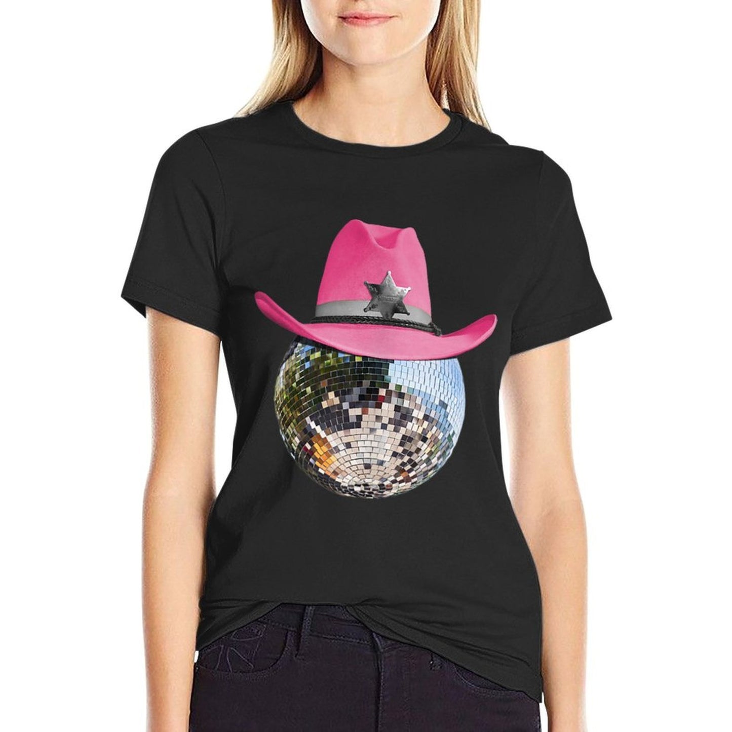 Disco Ball Wearing Pink Cowboy Hat Club Retro  Wrinkle-resistant T-Shirt