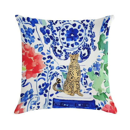Cheetah And Chinoiserie Jars in Blue And Red Soft Easy Maintenance Throw Pillow