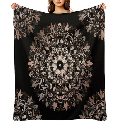 Floral Rose Gold Mandala On A Black Background Travel-friendly Throw Blanket