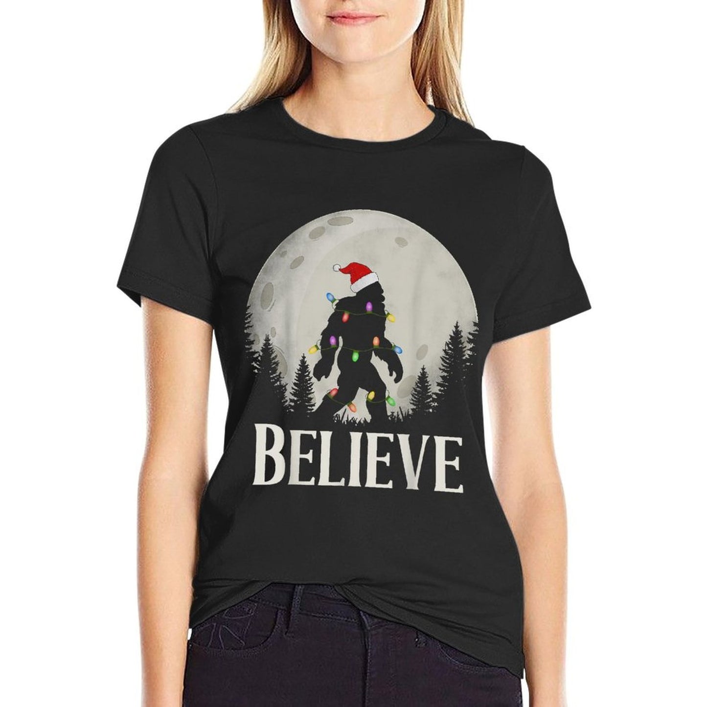 Funny Christmas Bigfoot Santa Hat Moon Sasquatch Kids Mens  Graphic-printed T-Shirt