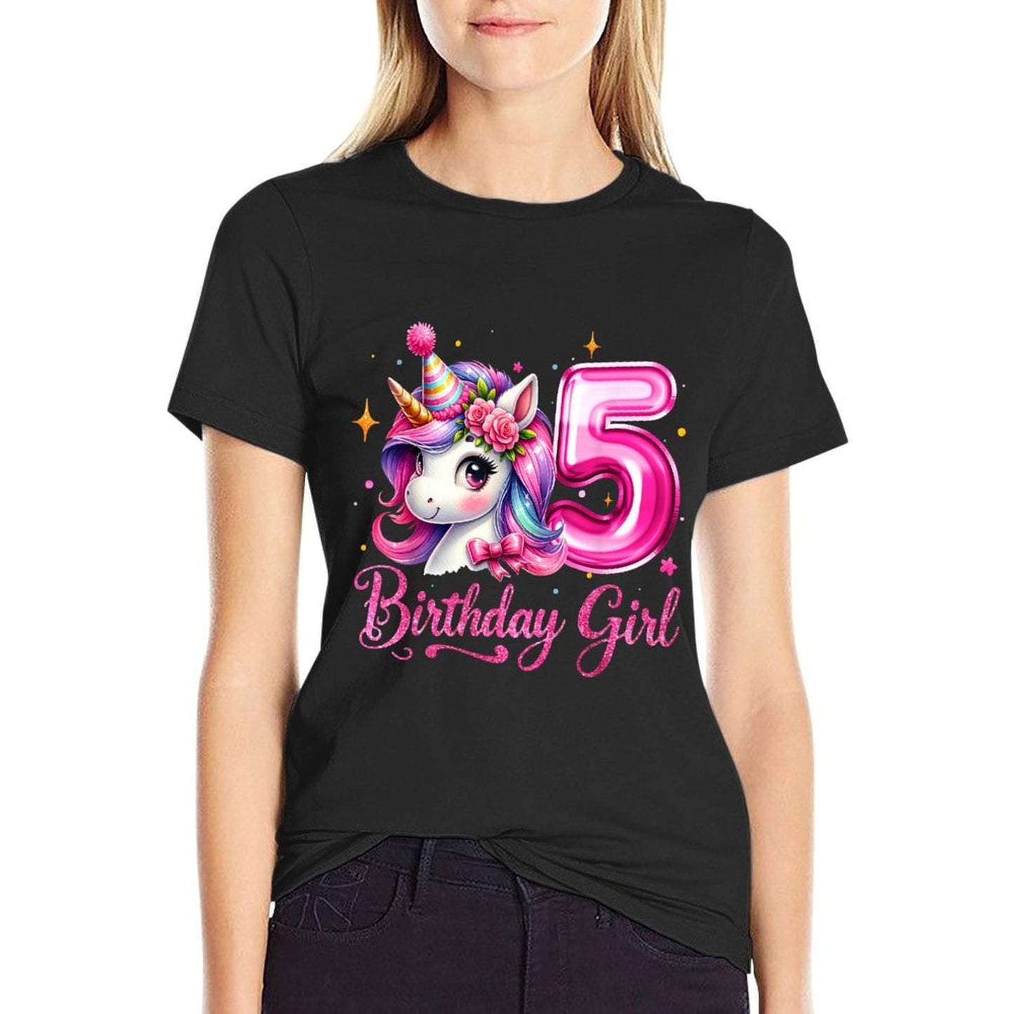 Cute Unicorn 5th Birthday 5 Years Old Birthday Girls Kids  Summer-ready Fabric T-Shirt