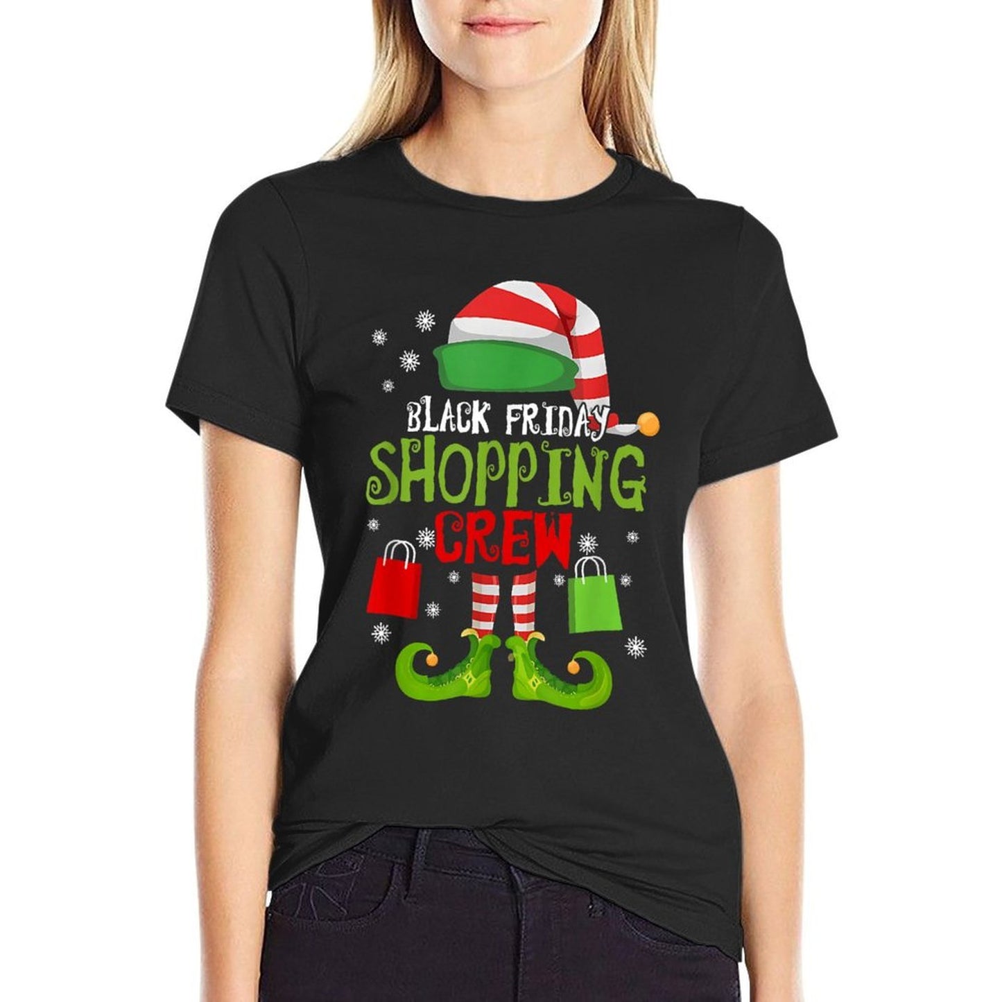 Elf Christmas Black Shopping Funny Friday Shopping Crew Xmas  Fade-proof Color T-Shirt