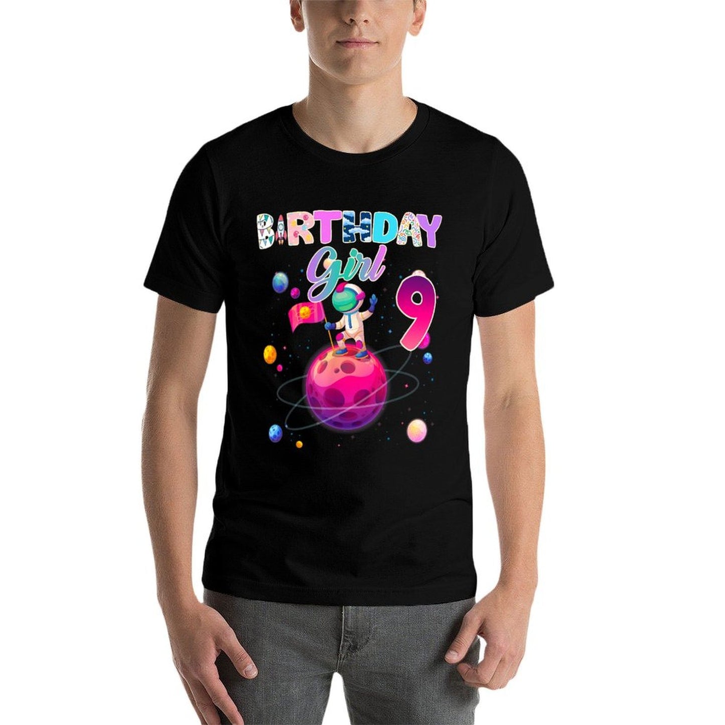 9th Space Birthday Girls Little Space Birthday Family Galaxy  Fade-proof Color T-Shirt