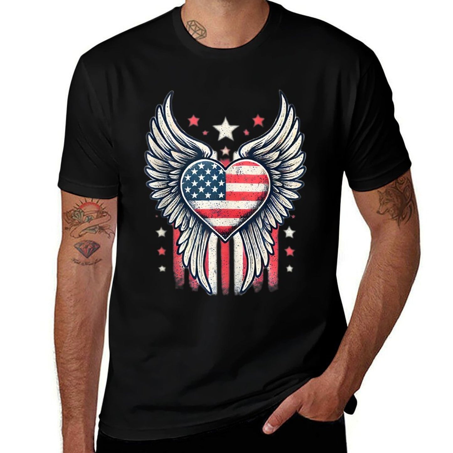 4th of July Patriotic Heart Angel Wings American US USA  Slim-fit Cut T-Shirt