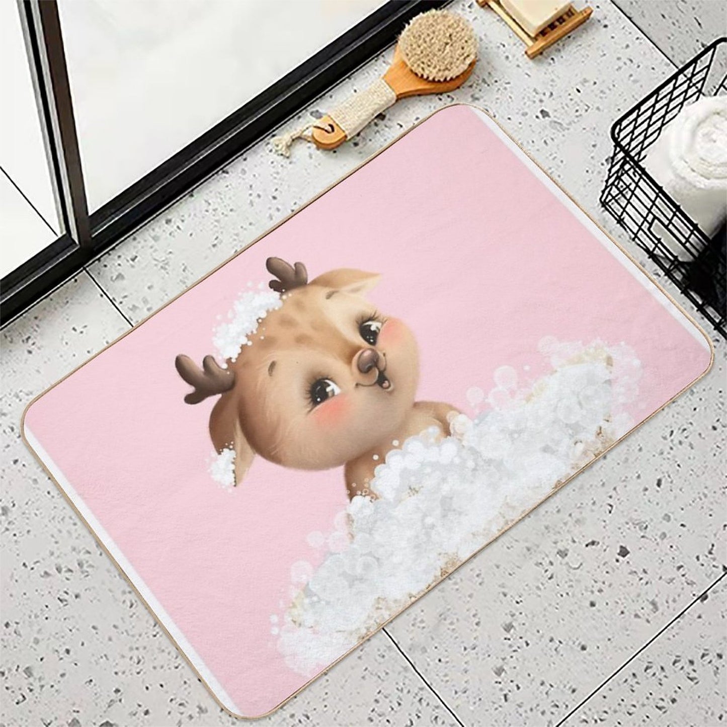 Baby Reindeer in A Bathtub, Girls Bathroom Print, Baby Animals in Tub, Whimsy Animal, Kids Bathroom Art  Easy Maintenance Bath Mat