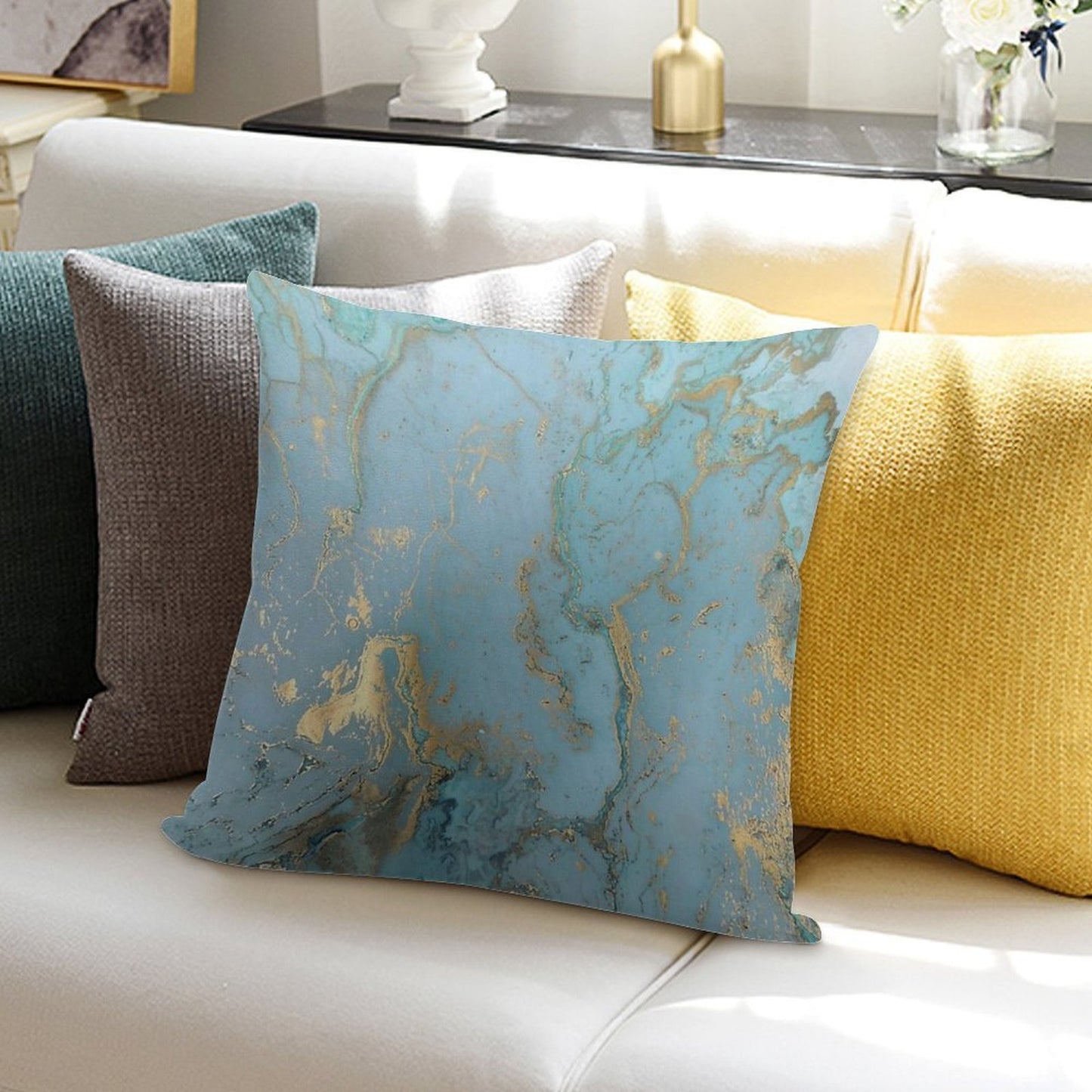Marble Design - Gold Effect - Turquoise Blue, Teal Marbling Soft Ultra-Soft Texture Throw Pillow