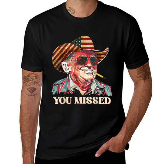 Western Trump Cowboy You Missed American Flag Cowboy Hat  Polyester Blend T-Shirt