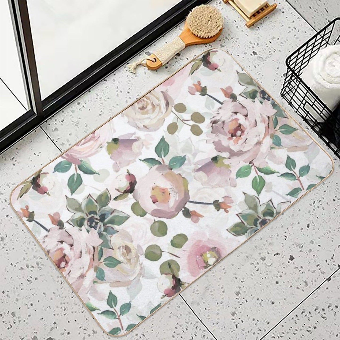 White  BlushVan Gogh Roses Botanical Garden Pattern Durable Bath Mat