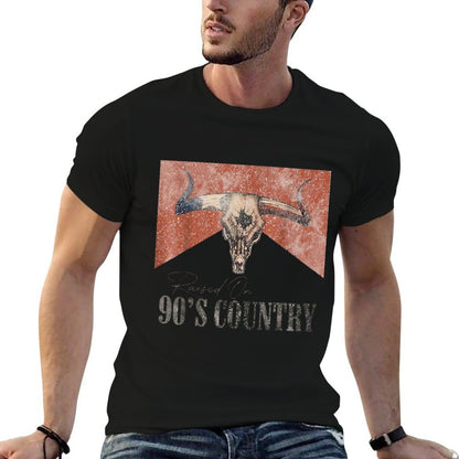 Vintage Western Bull Skull Raised On 90's Country Music  Tagless Design T-Shirt