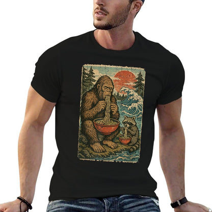 Anime Bigfoot Racoon Eating Ramen Funny Japanese Manga  Fade-proof Color T-Shirt