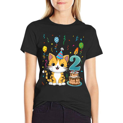Kids Cute Cat Two Years Old 2nd Birthday Party Cat Lover Kids  Summer-ready Fabric T-Shirt