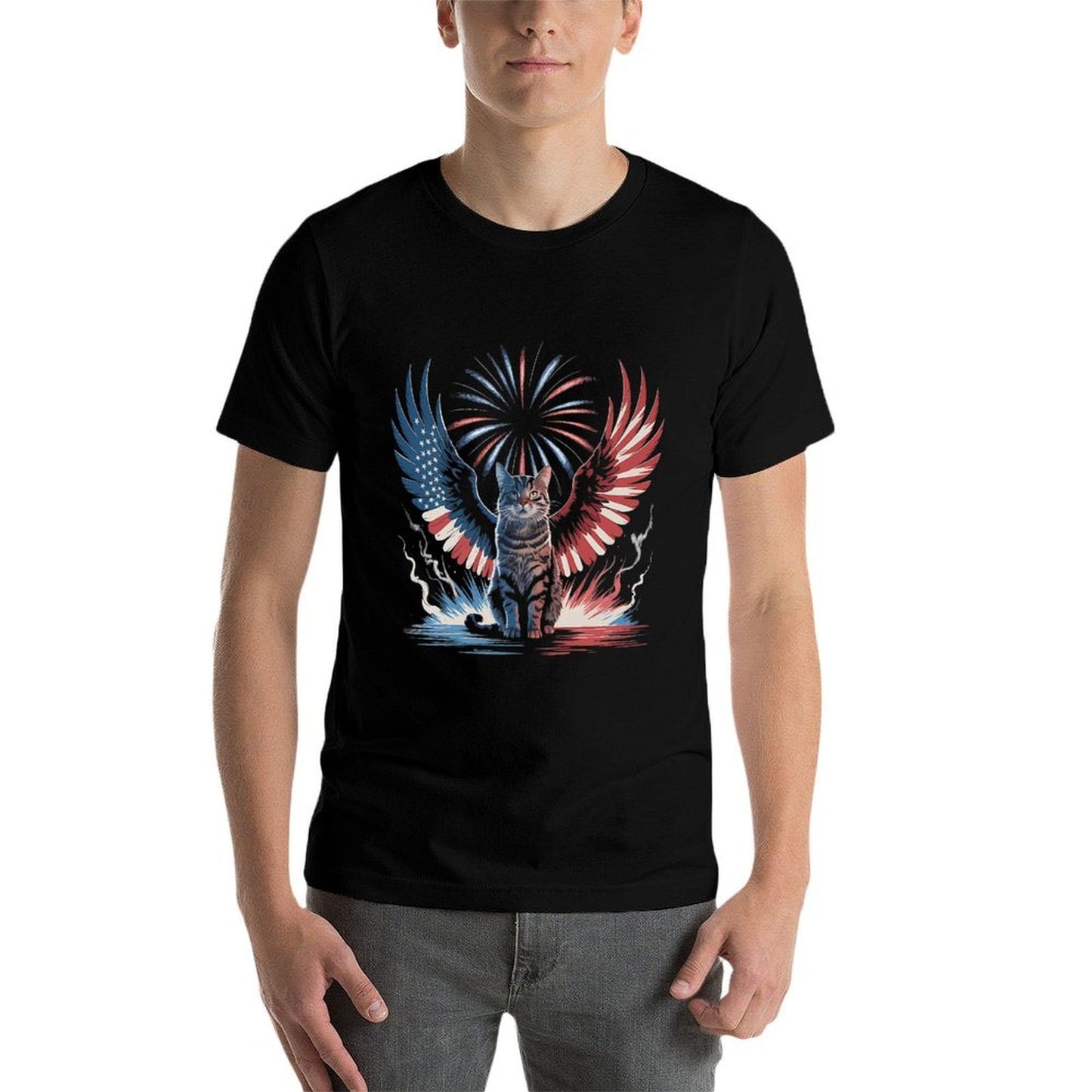 Patriotic Cat with Wings 4th of July Fireworks Design Premium  Trendy Pattern T-Shirt