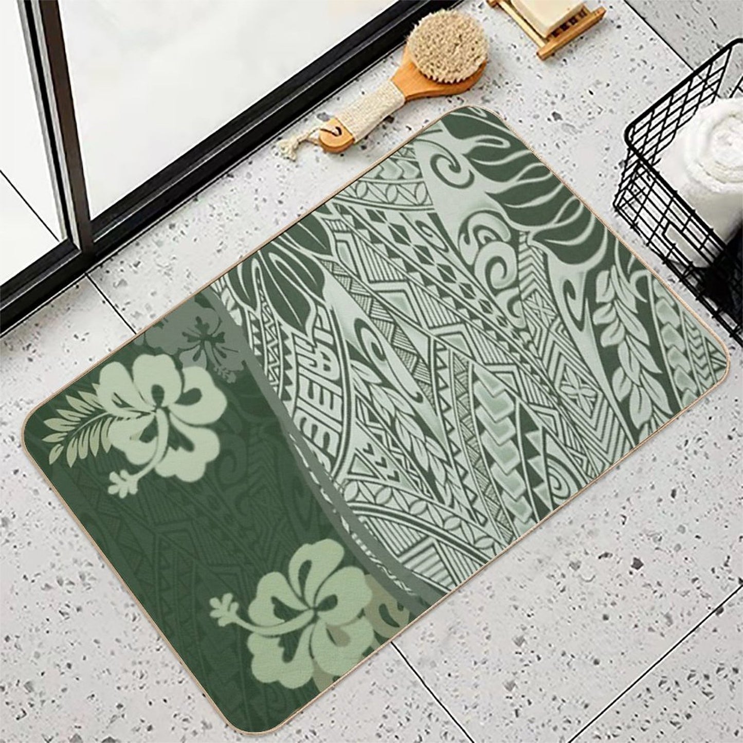 Hawaiian Green Tropical Tapa Print  Long-Lasting Bath Mat