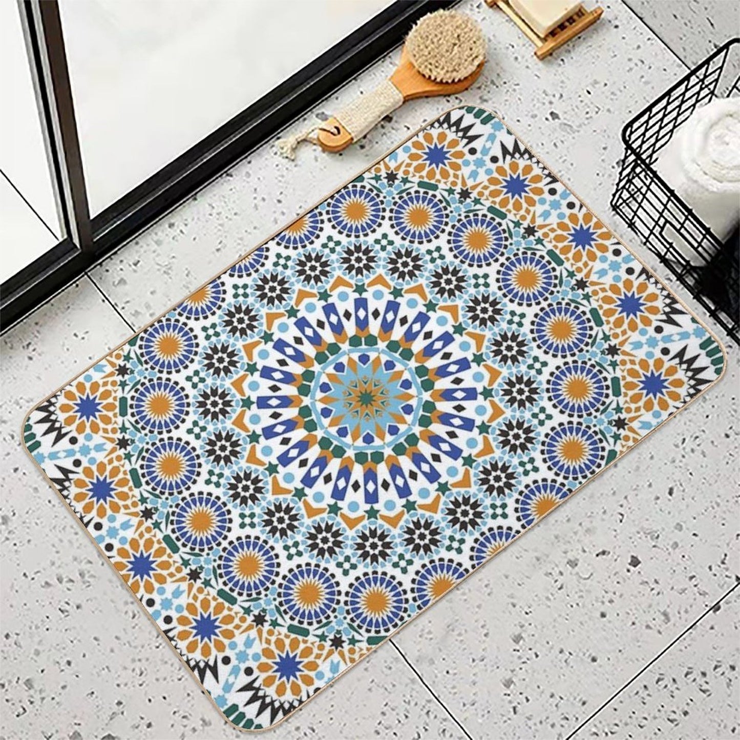 Moroccan Zelig  Tile Retro Abstract Multi Color Pattern  Repositionable Bath Mat