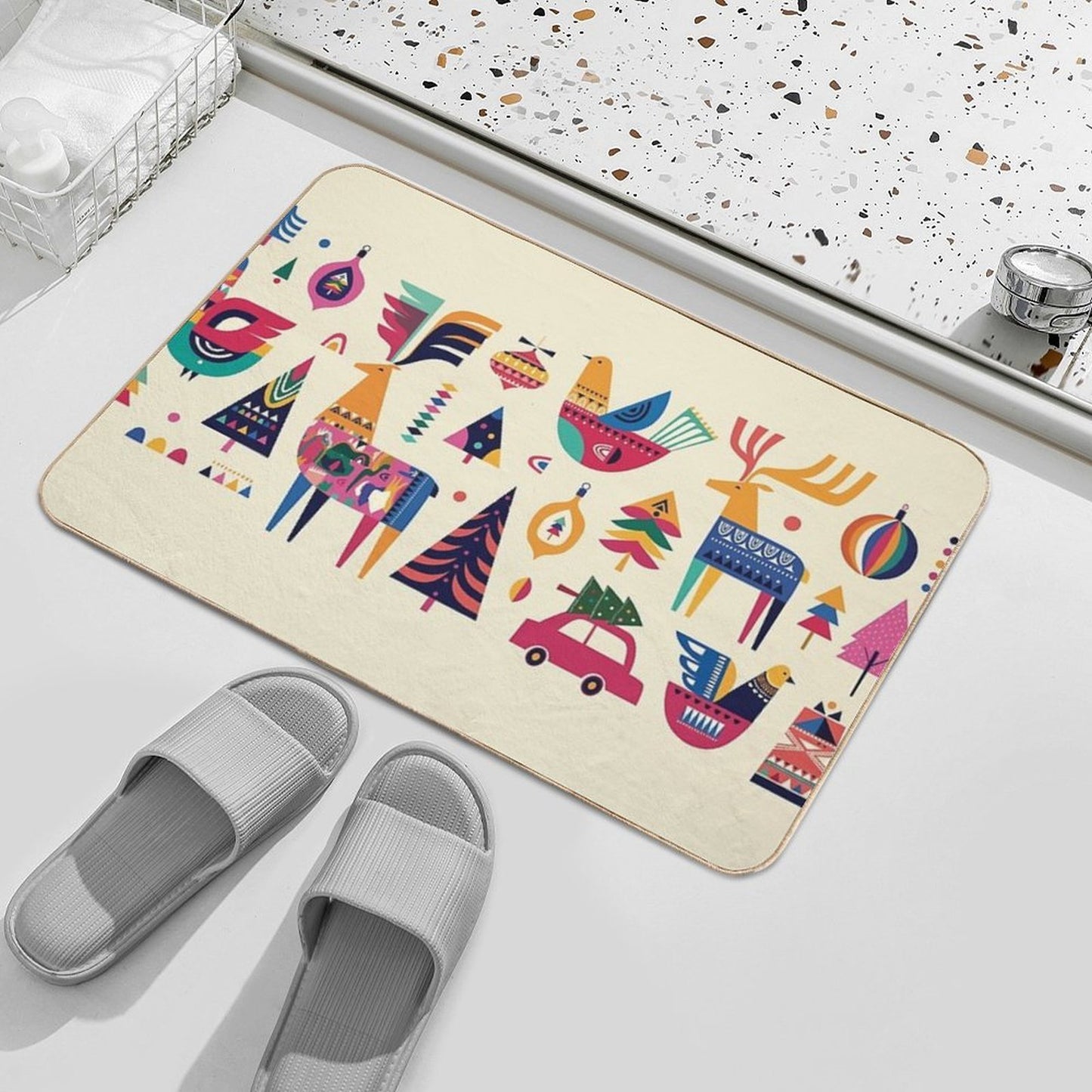 Vintage Scandinavian Christmas Folk Art  Slip-Resistant Bath Mat