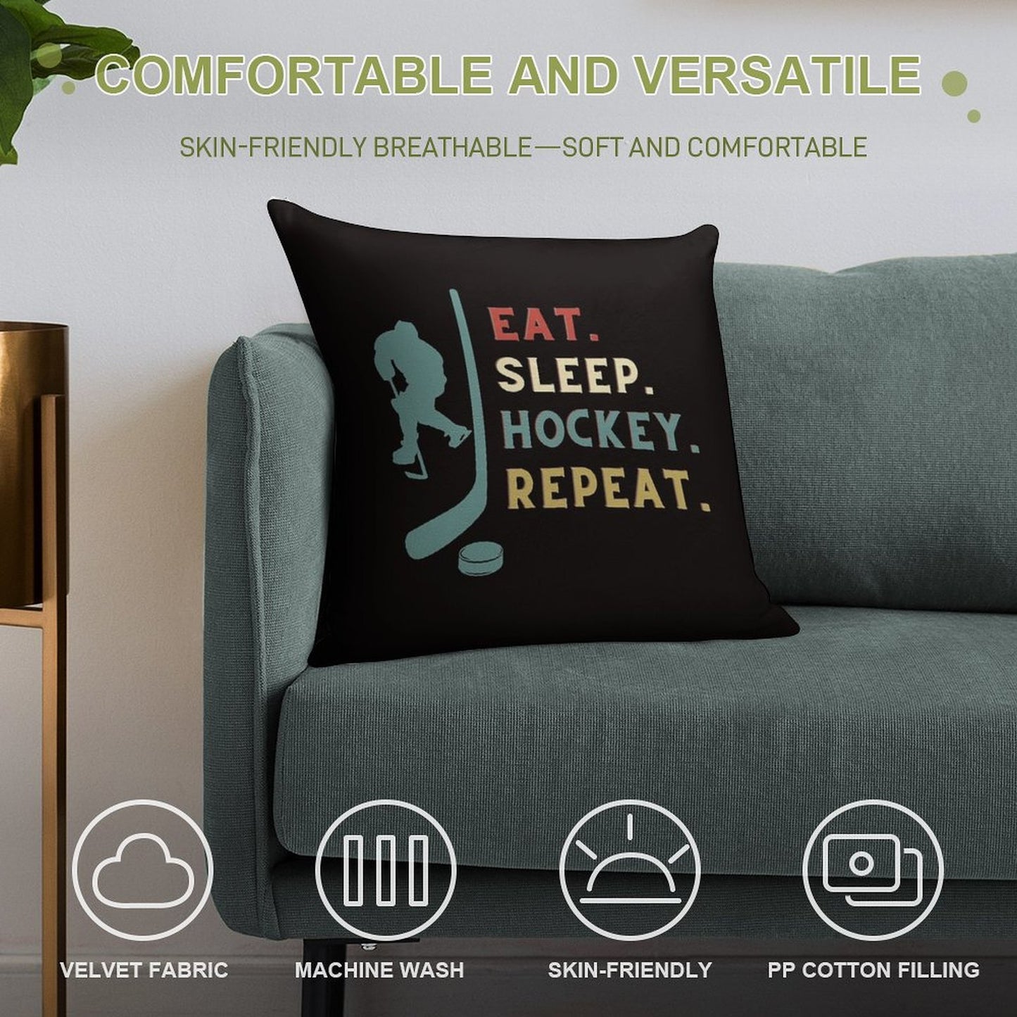 Eat Sleep Hockey Repeat Soft Style Accent Throw Pillow