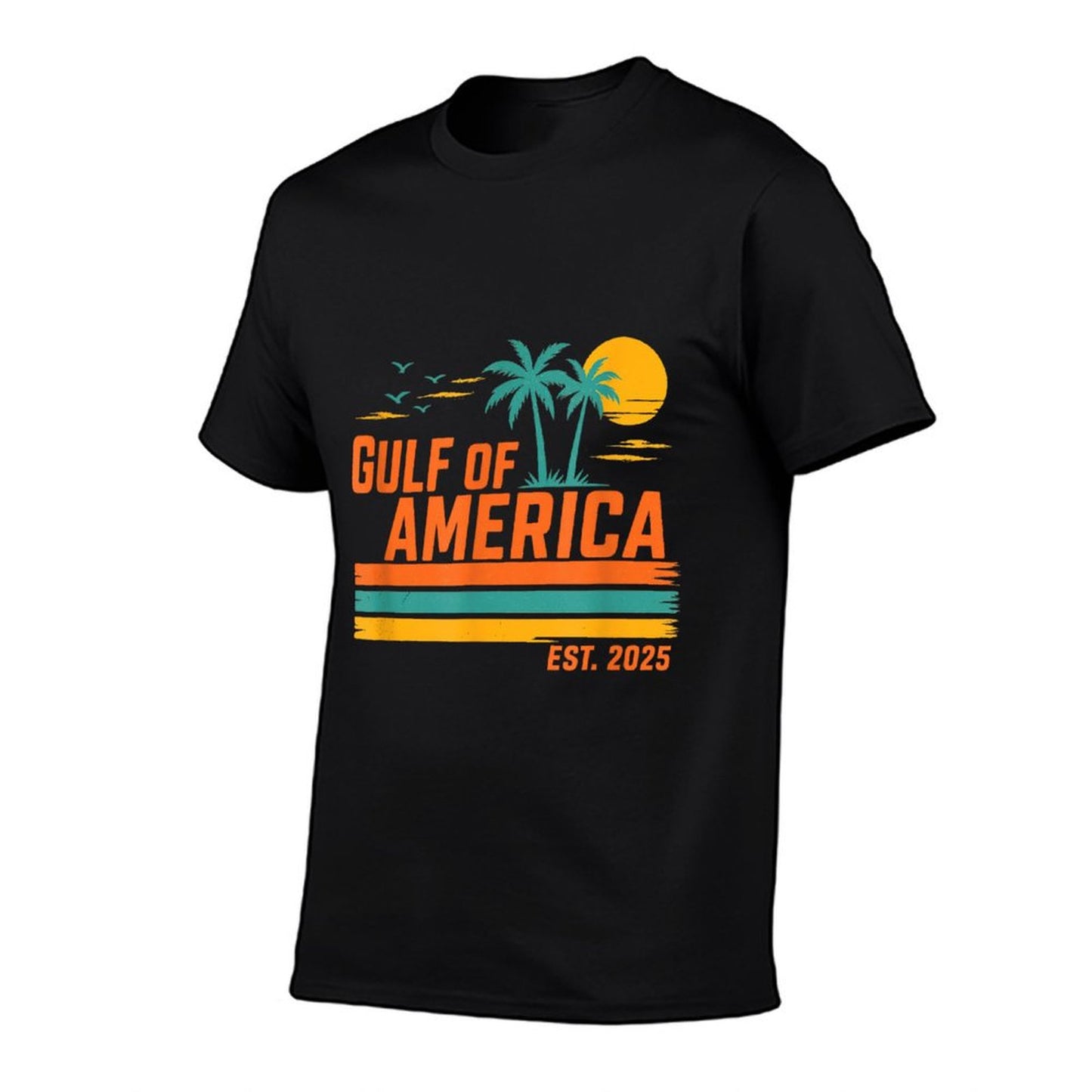 Gulf Of US America Est 2025 Retro Sunset Rolled Sleeves T-Shirt