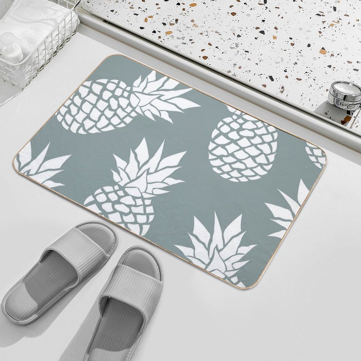 Hawaii Tropical Pineapple, Teal And White  Long-Lasting Bath Mat