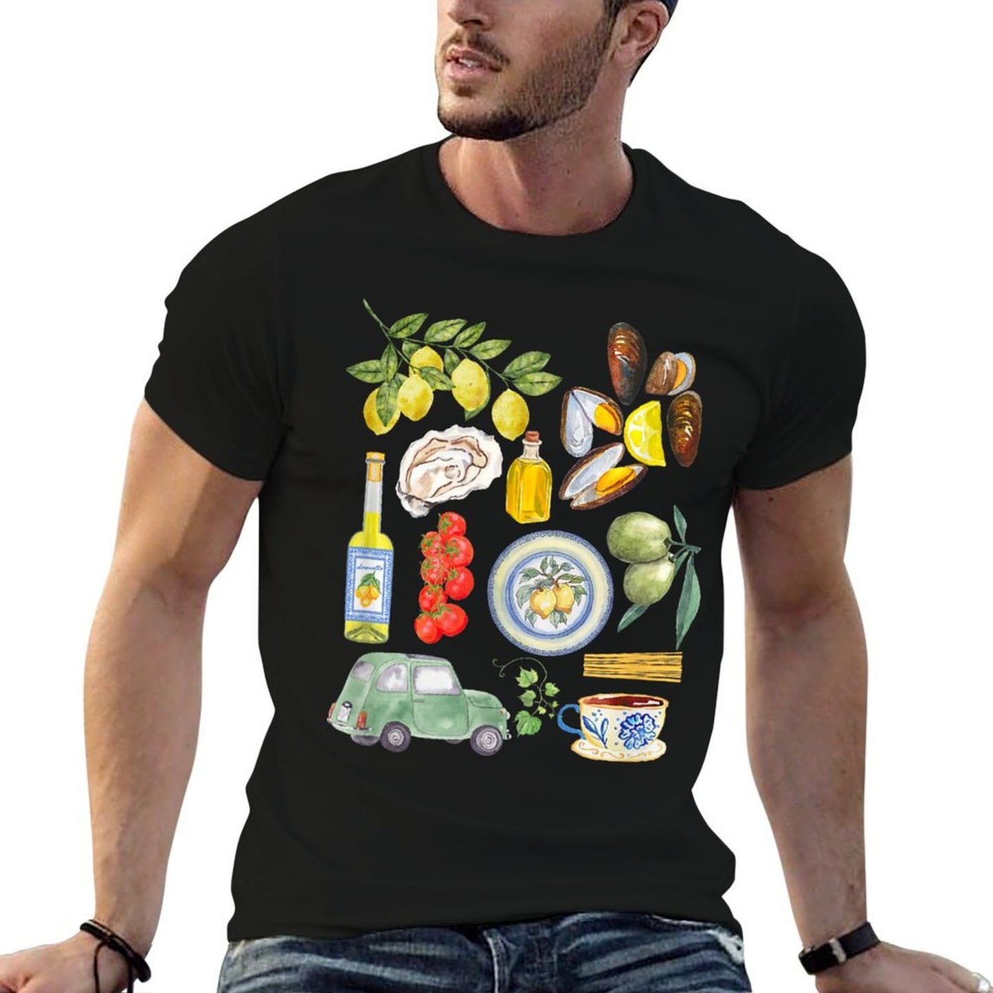 Italian Summer Scrapbook with Limoncello Seafood Coastal Graphic-printed T-Shirt