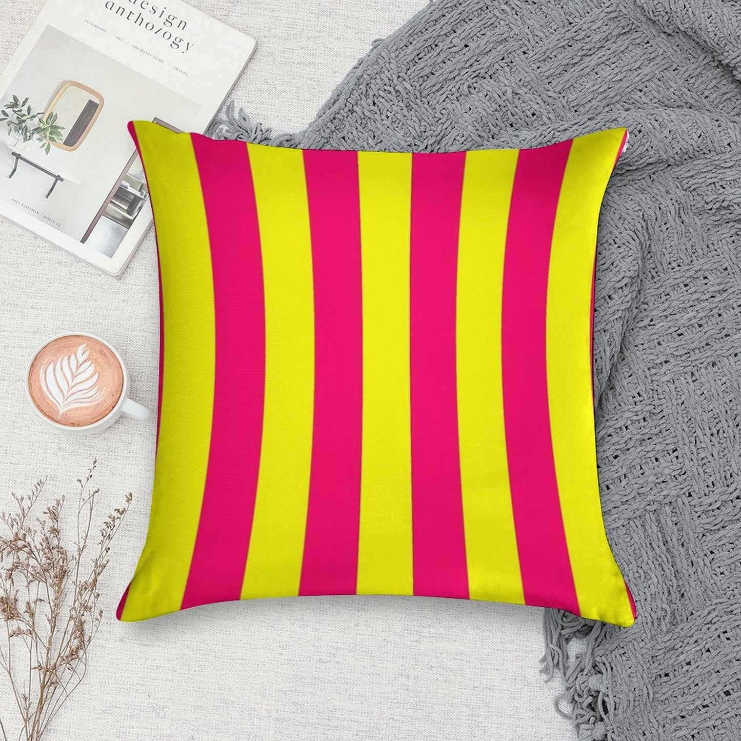 Bright Neon Pink And Yellow Vertical Cabana Tent Stripes Soft Multiple Sizes Throw Pillow