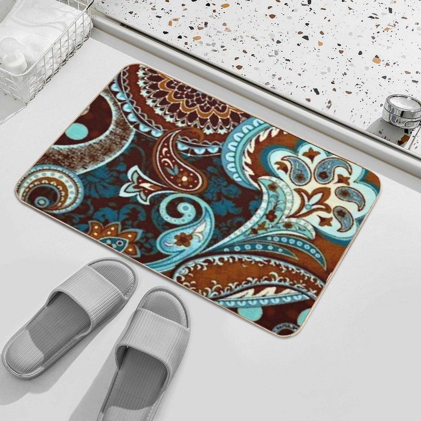 Turquoise Brown Vintage Paisley  Easy To Clean Bath Mat