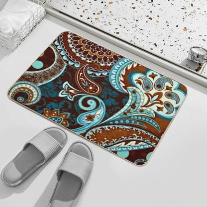 Turquoise Brown Vintage Paisley  Easy To Clean Bath Mat