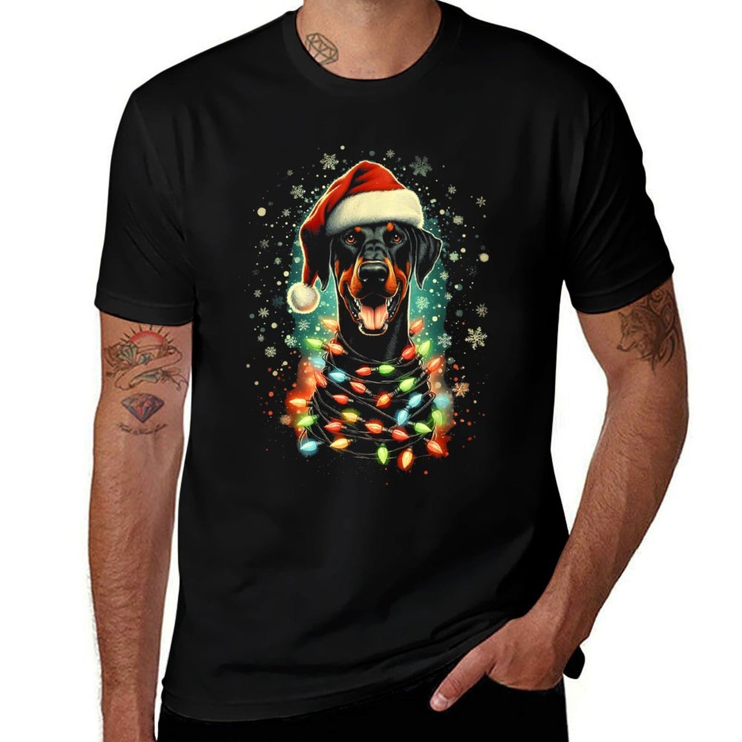Cute Pinscher Christmas Doberman Dog with Santa Hat  Lights  Quick-drying T-Shirt