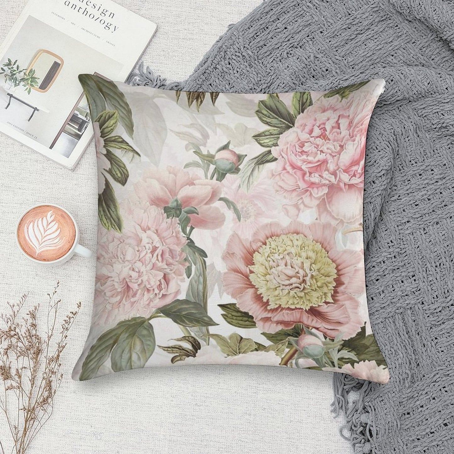 Vintage Botanical Blush Peony Flowers Botanical Garden Pattern Soft Style Accent Throw Pillow