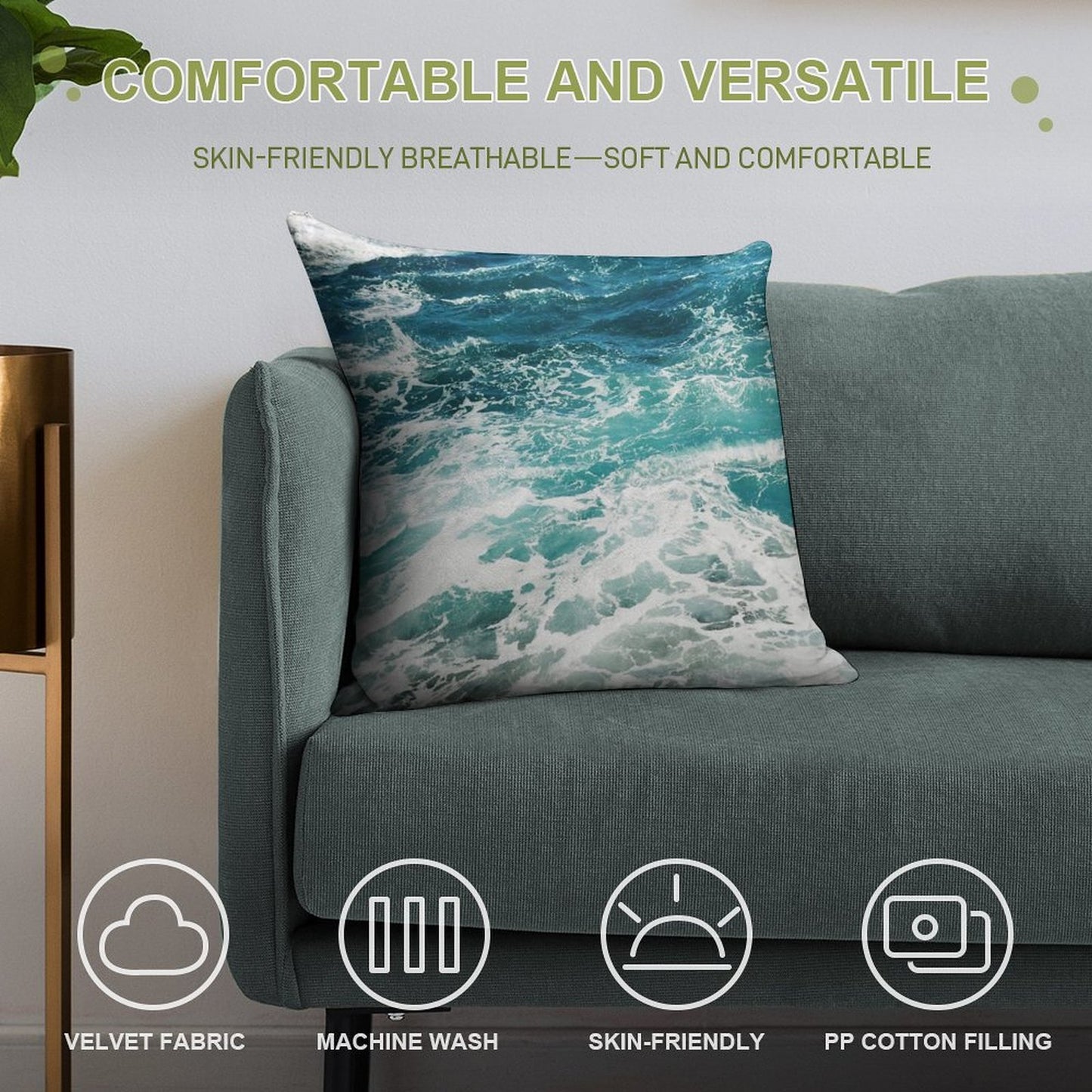 Blue Ocean Waves Soft Hidden Zipper Throw Pillow